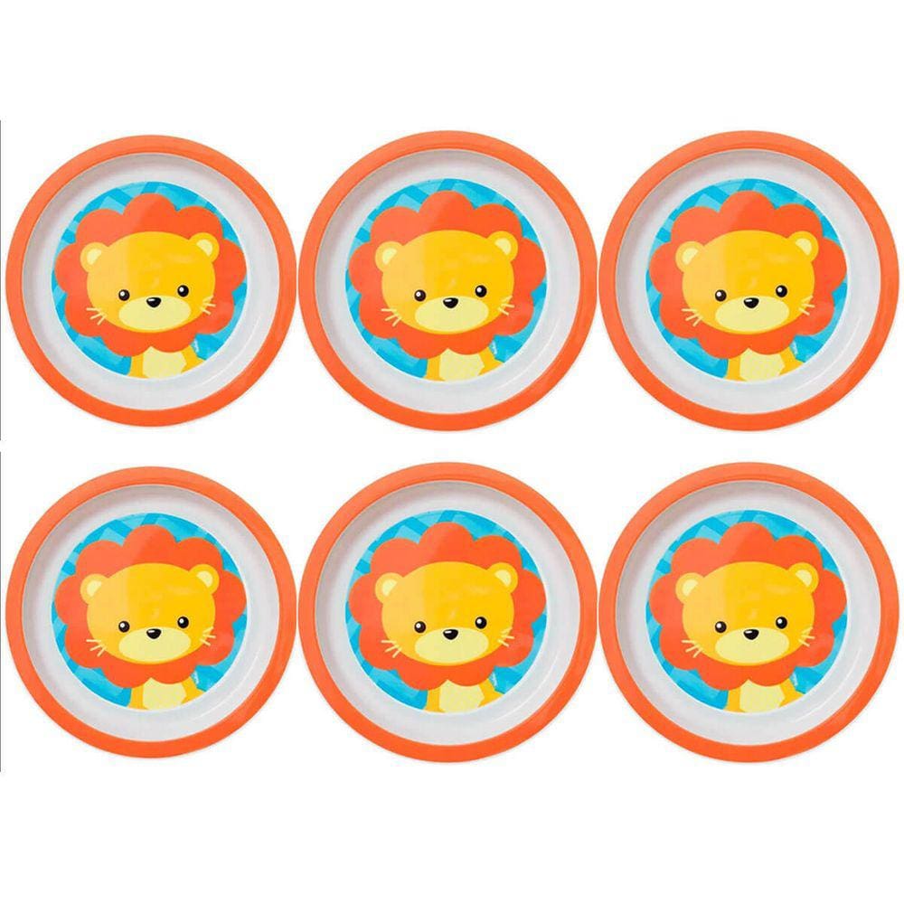 6 Pratos Infantil Buba de Criança Prato Raso Redondo 21cm Plástico Leão Animal Fun Laranja