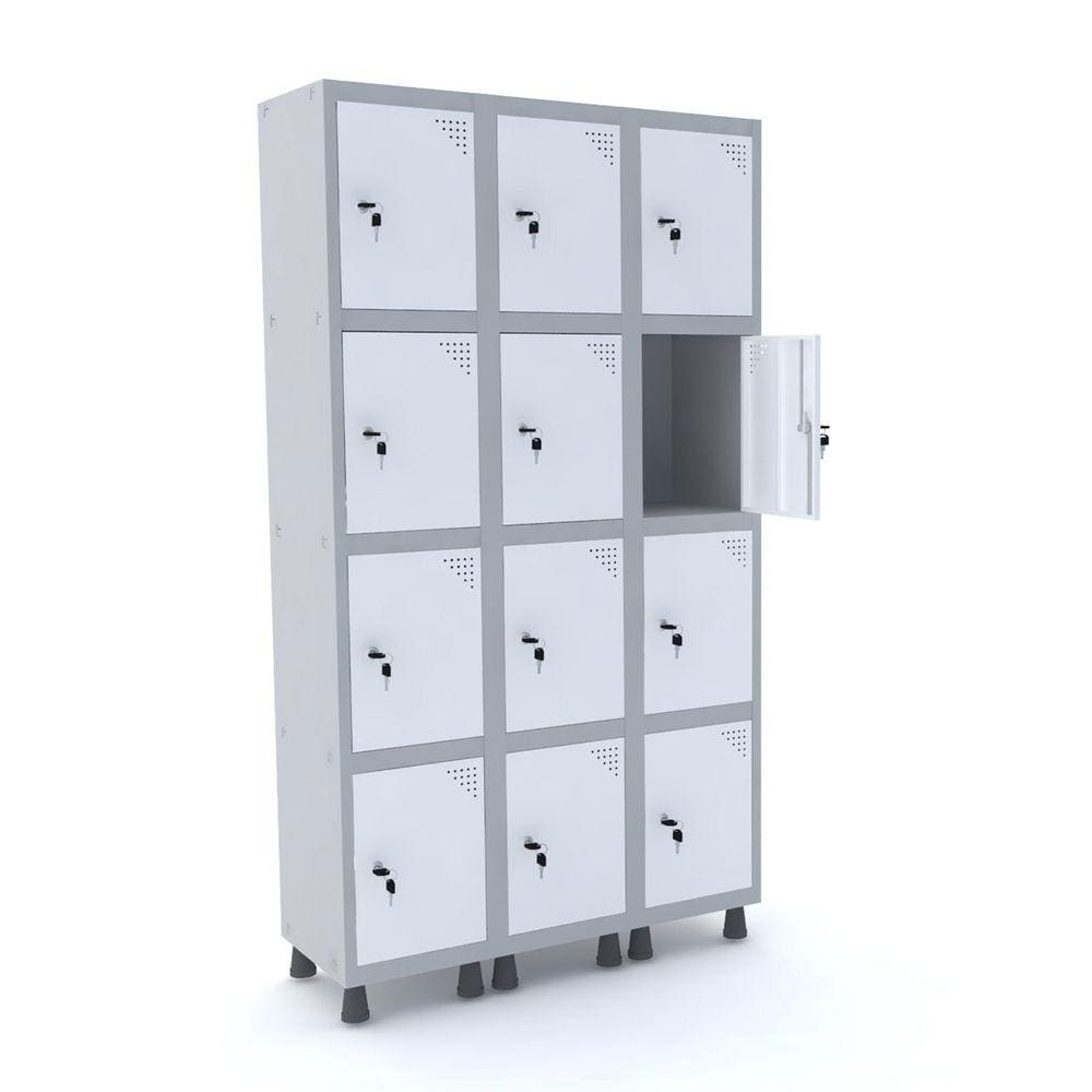 Roupeiro De Aço 3M 12 Portas Fechadura Pandin - Cinza/Branco