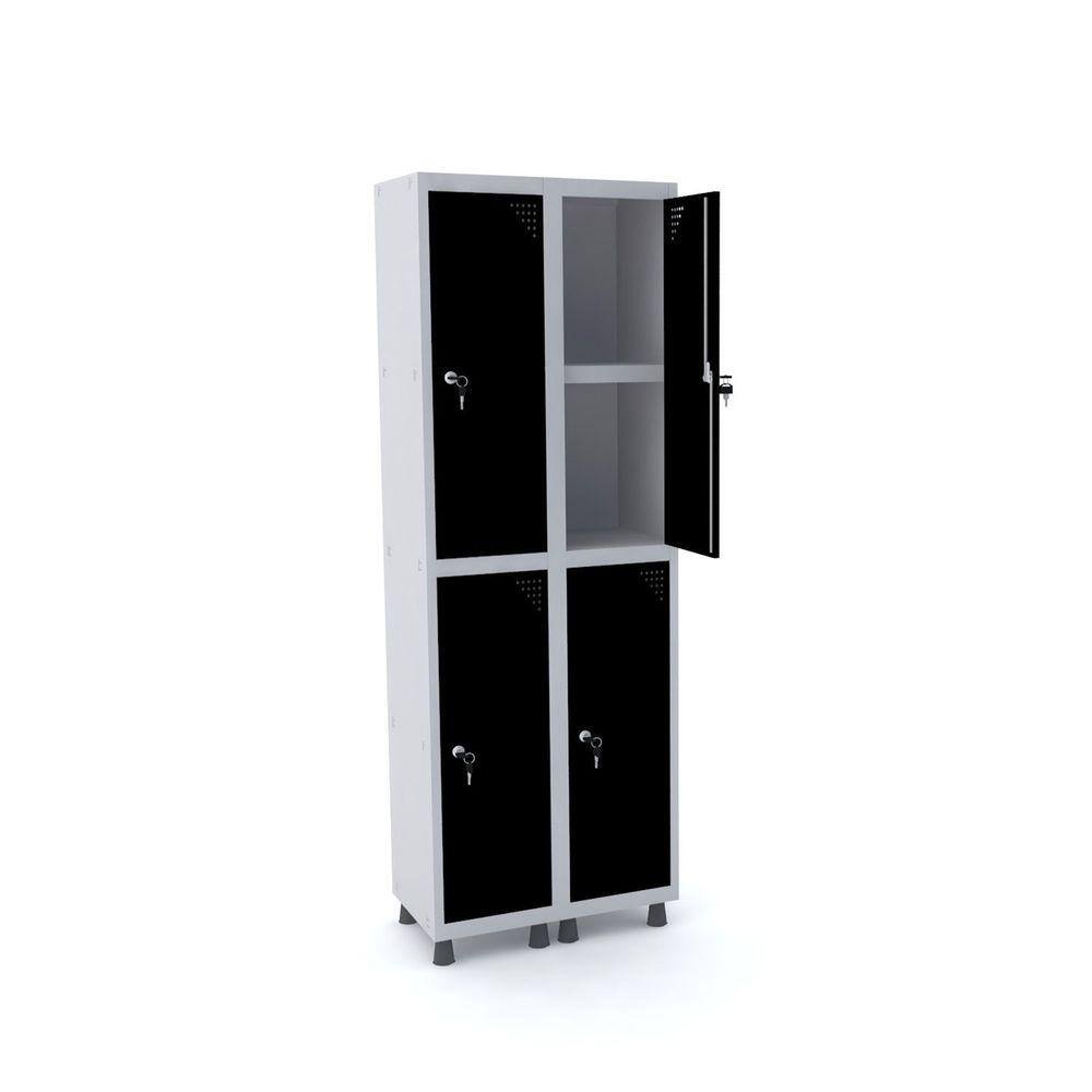 Roupeiro De Aço 2M 04 Portas C/ Prat. Fechadura Pandin - Cinza/Preto