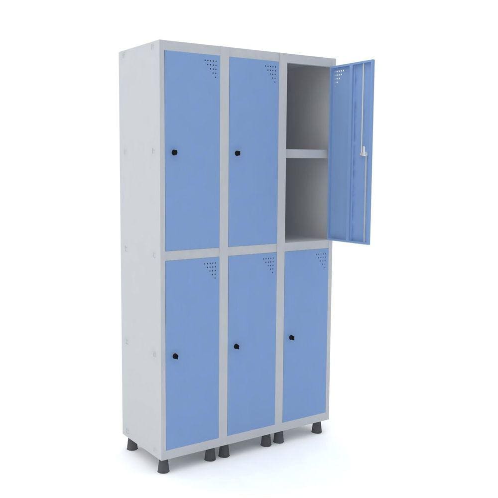 Roupeiro De Aço 3M 06 Portas C/ Prat. Pitão Pandin - Cinza/Azul Dalí