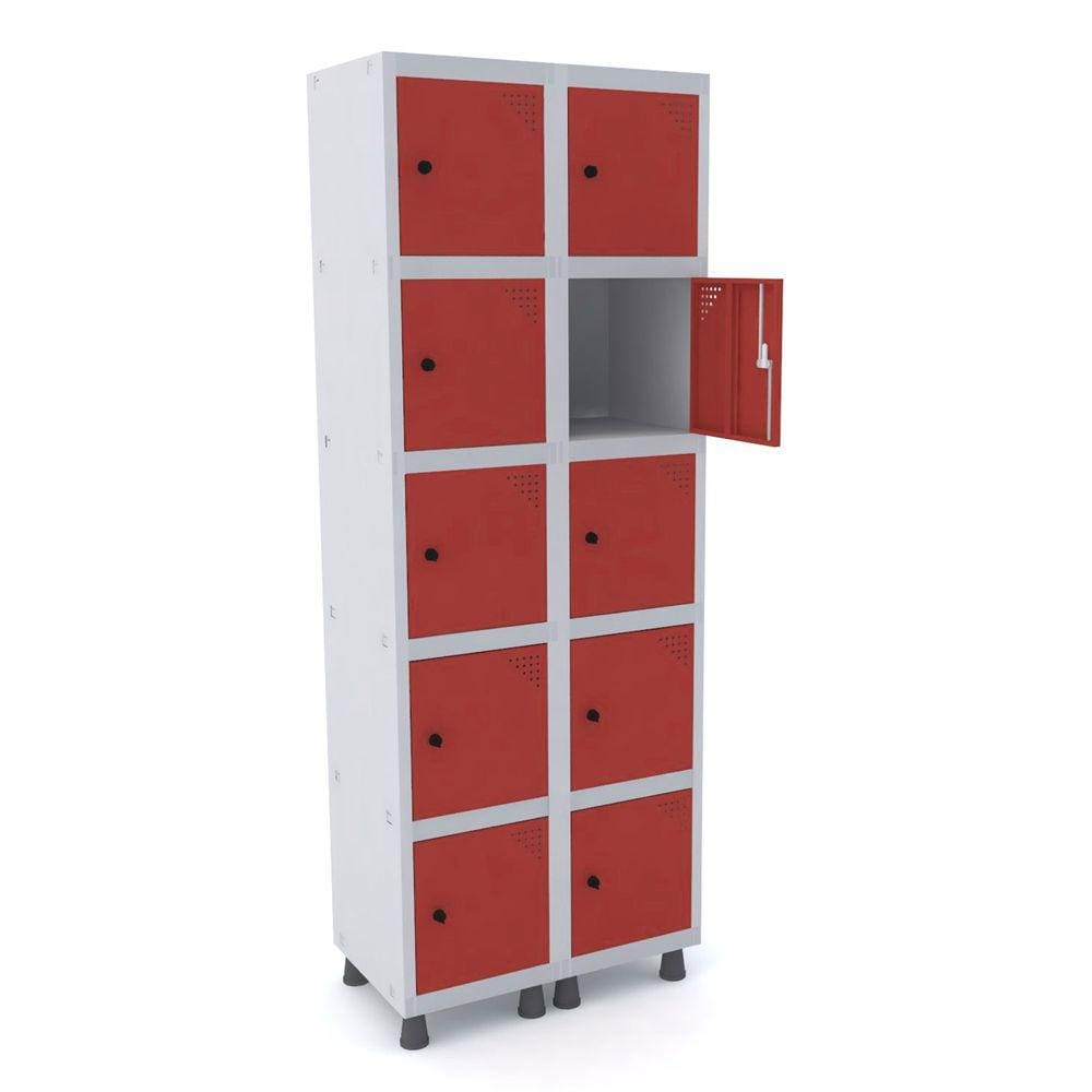 Roupeiro De Aço 2M 10 Portas Pitão Pandin - Cinza/Vermelho