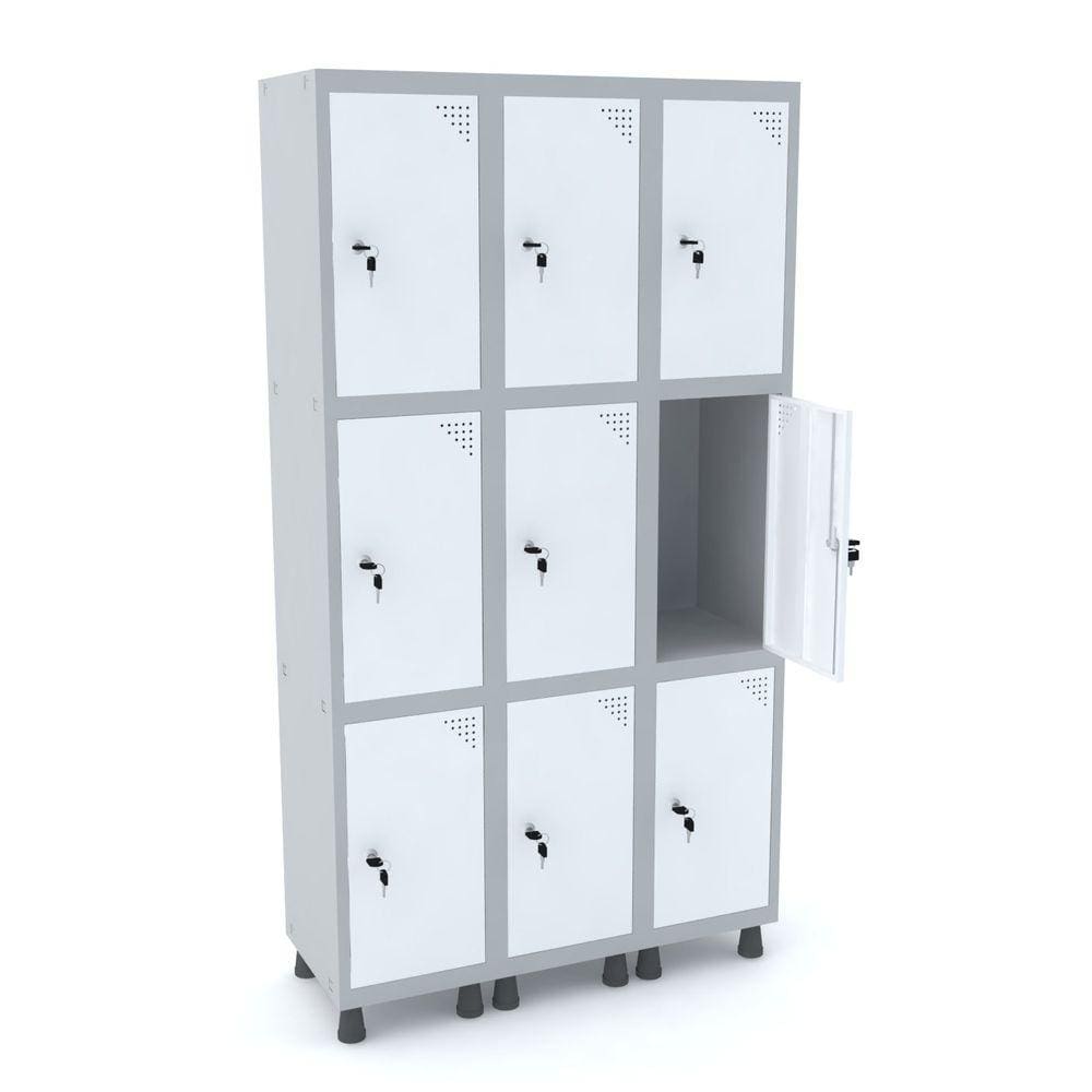 Roupeiro De Aço 3M 09 Portas Fechadura Pandin - Cinza/Branco