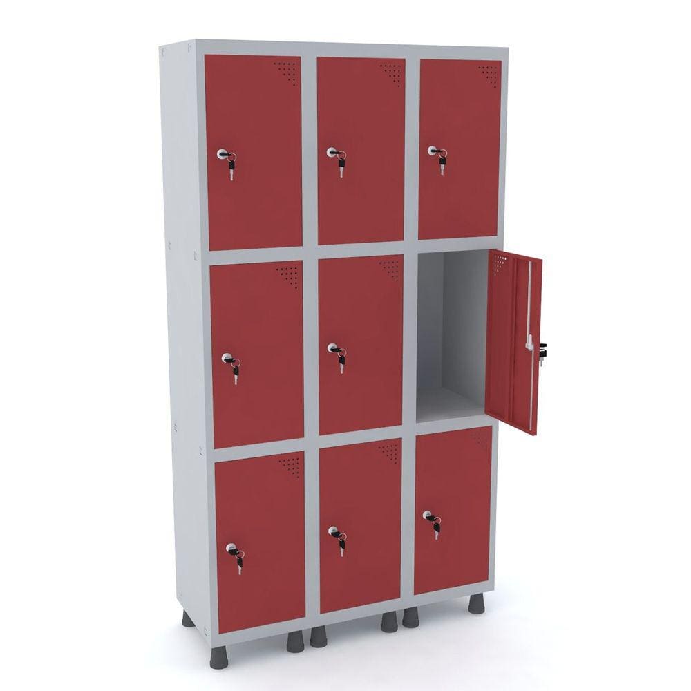 Roupeiro De Aço 3M 09 Portas Fechadura Pandin - Cinza/Vermelho