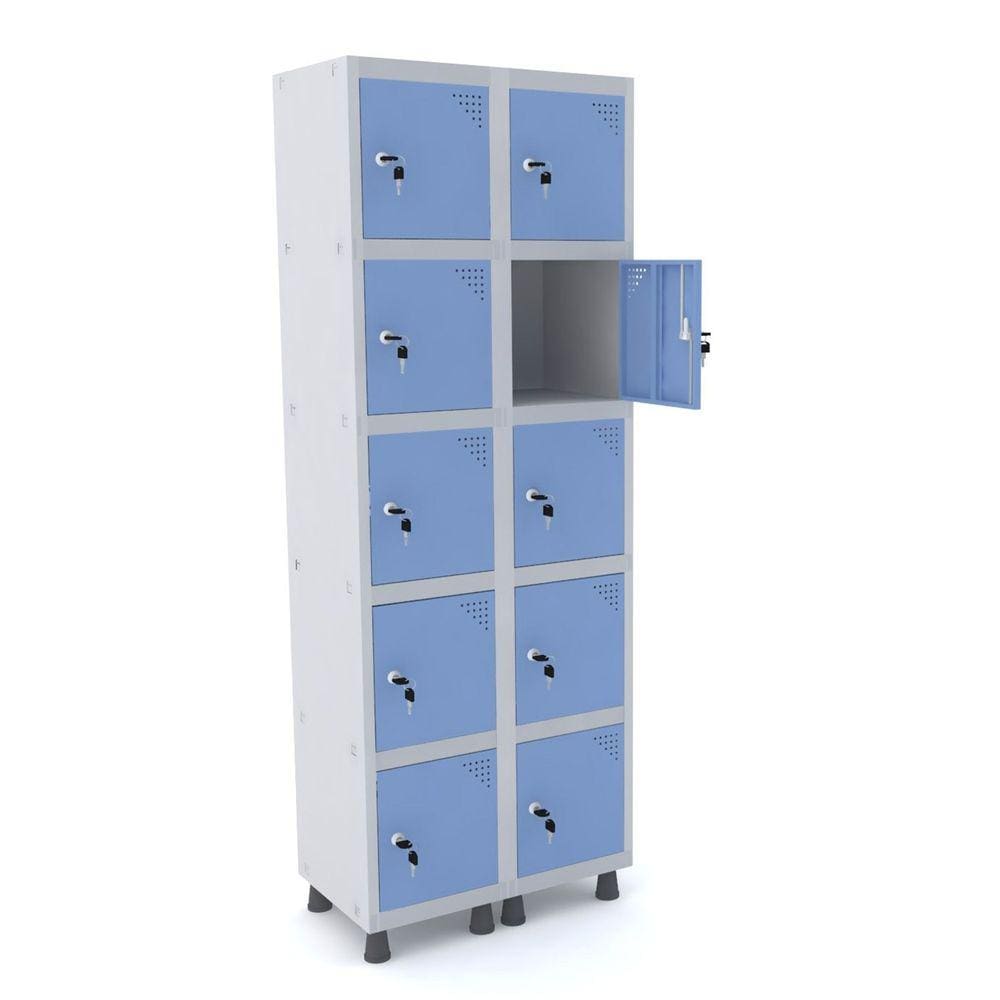 Roupeiro De Aço 2M 10 Portas Fechadura Pandin - Cinza/Azul Dalí