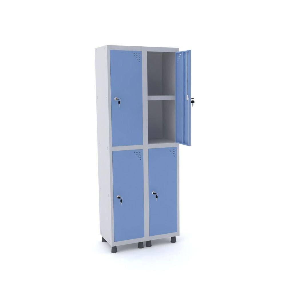 Roupeiro De Aço 2M 04 Portas C/ Prat. Fechadura Pandin - Cinza/Azul Dalí