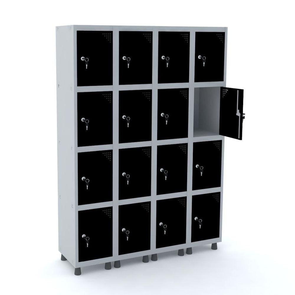 Roupeiro De Aço 4M 16 Portas Fechadura Pandin - Cinza/Preto