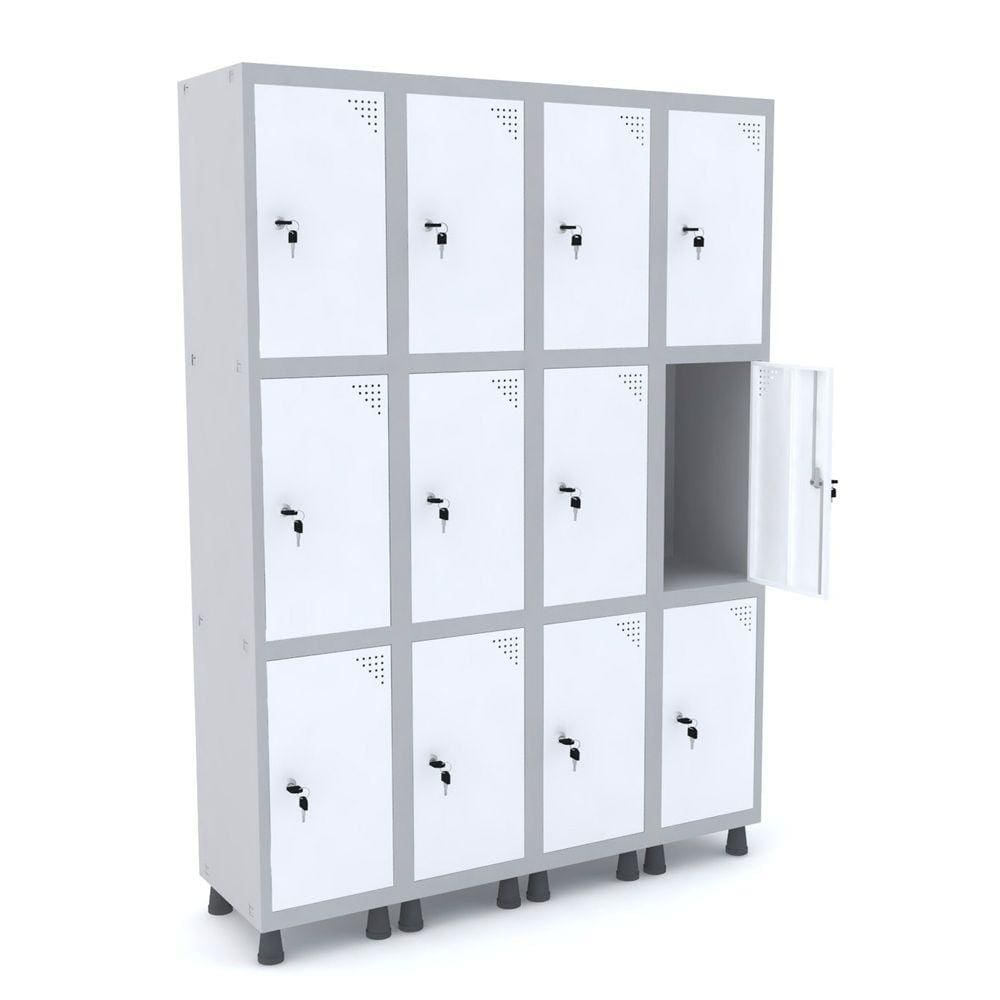 Roupeiro De Aço 4M 12 Portas Fechadura Pandin - Cinza/Branco