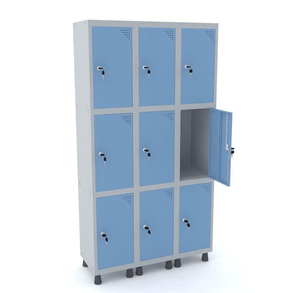 Roupeiro De Aço 3M 09 Portas Fechadura Pandin - Cinza/Azul Dalí