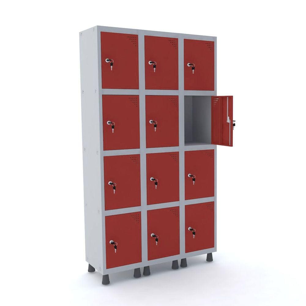 Roupeiro De Aço 3M 12 Portas Fechadura Pandin - Cinza/Vermelho