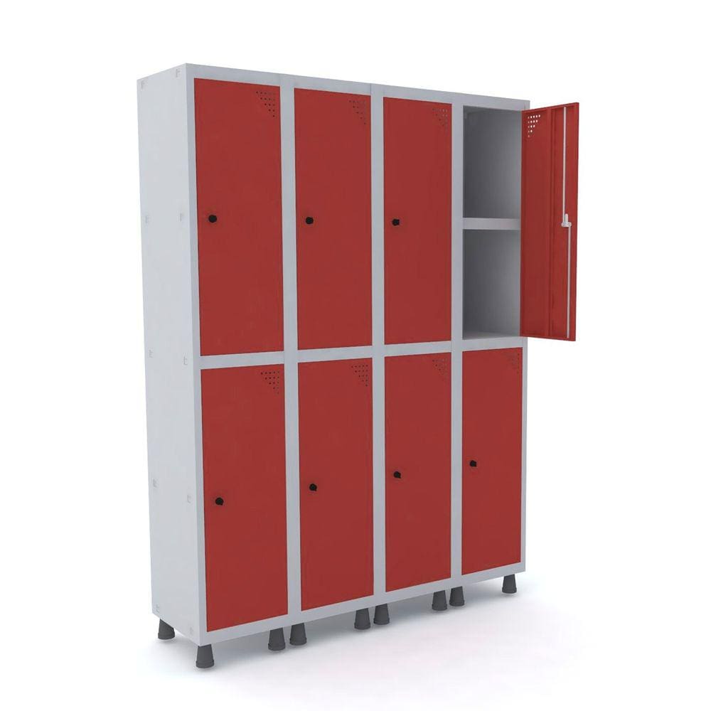 Roupeiro De Aço 4M 08 Portas C/ Prat. Pitão Pandin - Cinza/Vermelho