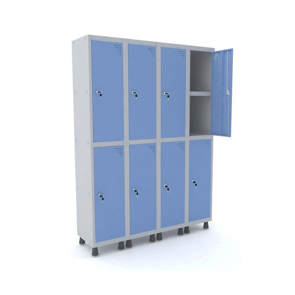 Roupeiro De Aço 4M 08 Portas C/ Prat. Fechadura Pandin - Cinza/Azul Dalí
