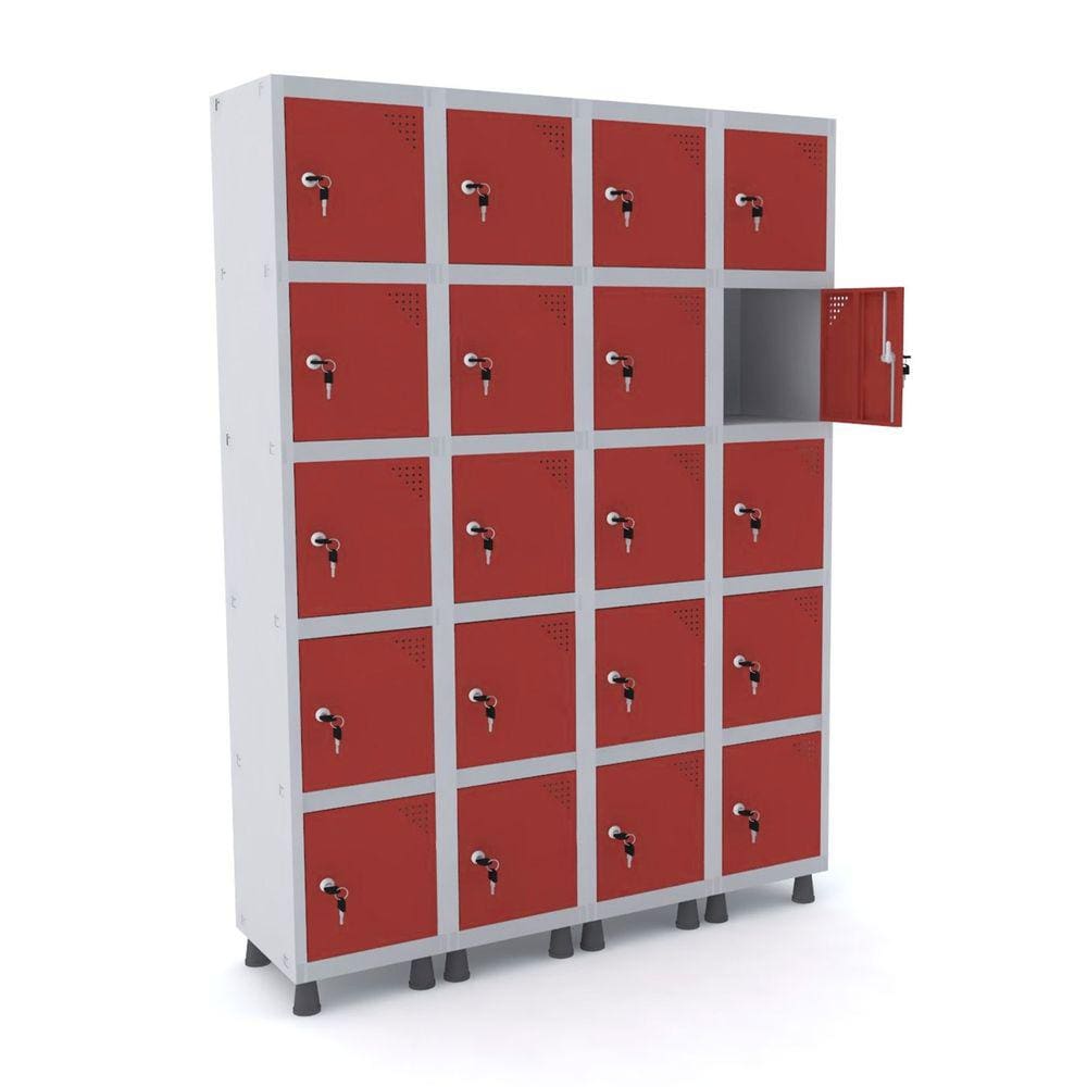 Roupeiro De Aço 4M 20 Portas Fechadura Pandin - Cinza/Vermelho