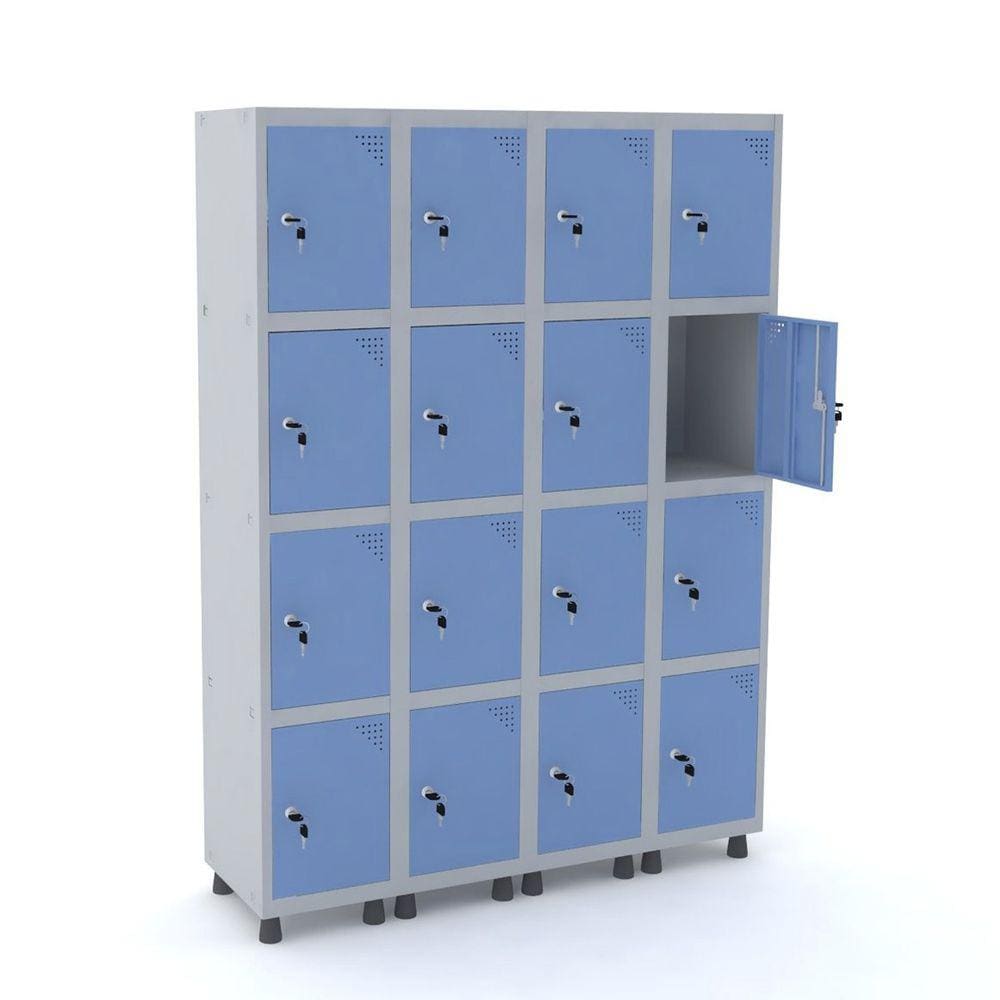 Roupeiro De Aço 4M 16 Portas Fechadura Pandin - Cinza/Azul Dalí