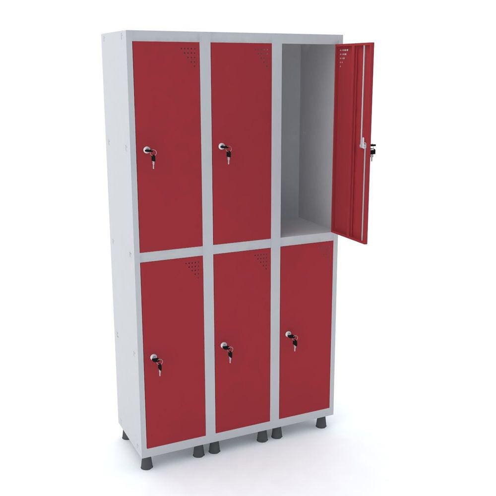 Roupeiro De Aço 3M 06 Portas Fechadura Pandin - Cinza/Vermelho