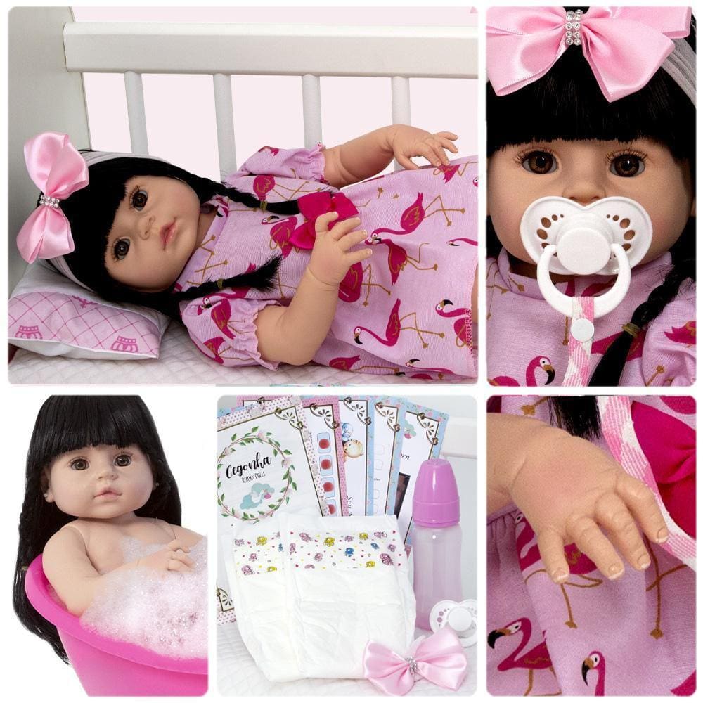 Brastoy Boneca Bebê Reborn Silicone Menina Panda Olhos Castanhos