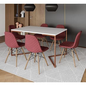 Mesa Industrial Retangular Branca Base V Cobre 137x90cm com 6 Cadeiras Madeira Estofadas Vermelhas