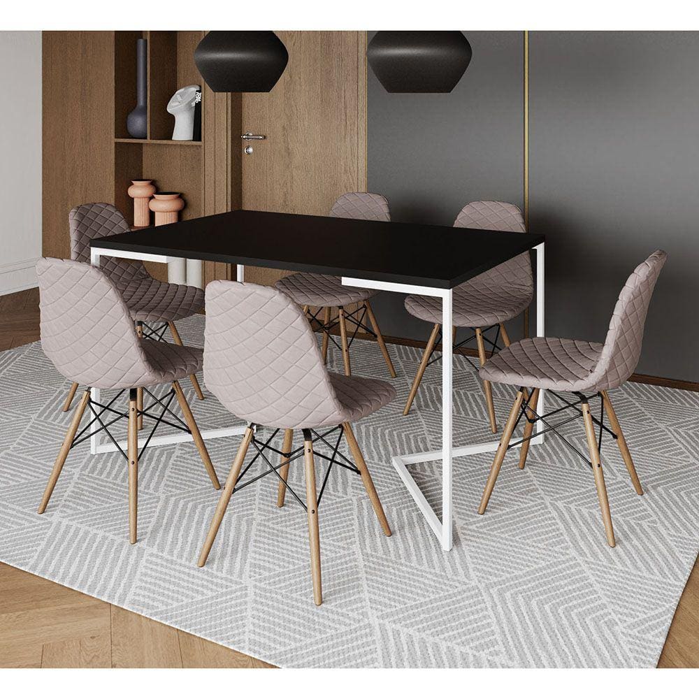 Mesa Industrial Retangular Preta Base V Aço Branco 137x90cm C/ 6 Cadeiras Madeira Estofadas Nude Méd