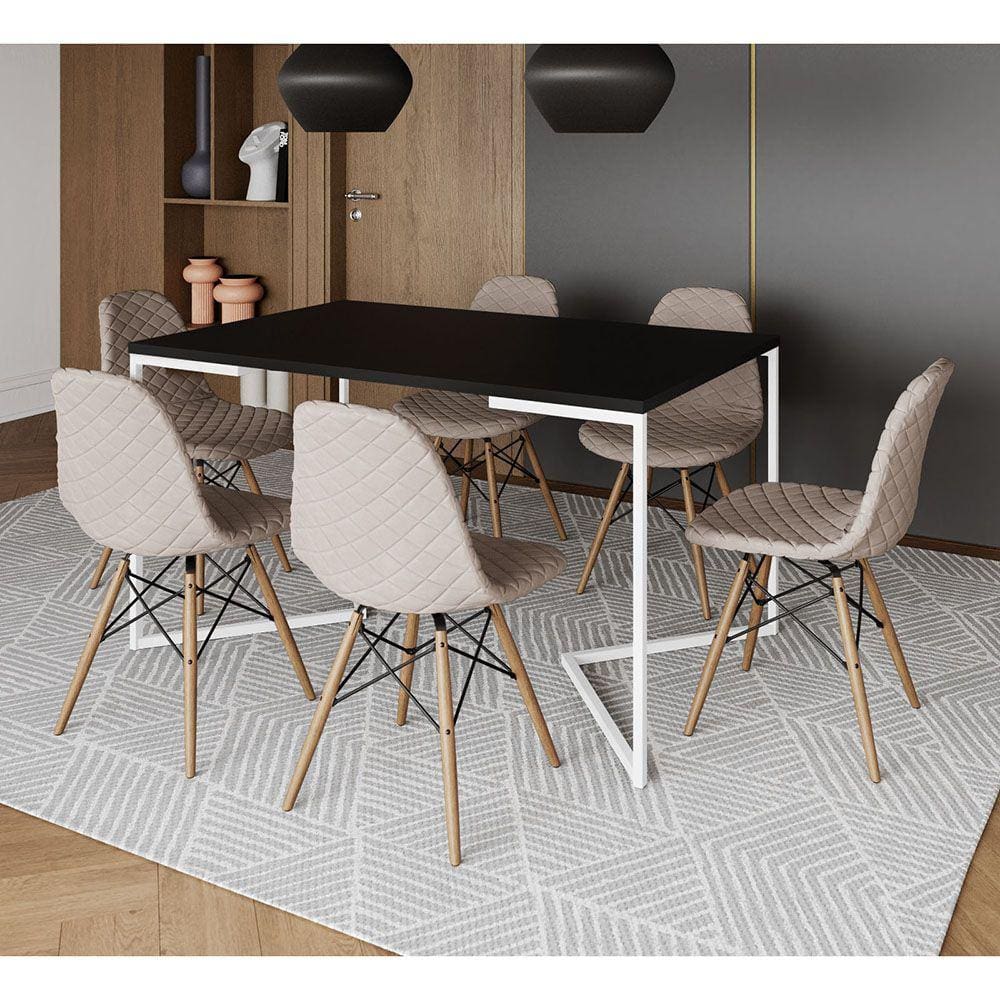 Mesa Industrial Retangular Preta Base V Aço Branco 137x90cm C/ 6 Cadeiras Madeira Estofadas Nude Cla