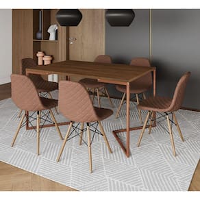 Mesa Industrial Retangular Amêndoa Base V Cobre 137x90cm com 6 Cadeiras Madeira Estofadas Caramelo