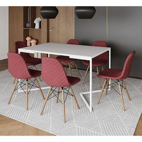 Mesa Industrial Retangular Branca Base V Aço Branco 137x90cm 6 Cadeiras Madeira Estofadas Vermelhas