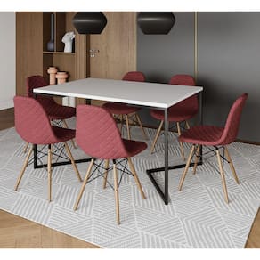 Mesa Industrial Retangular Base V Aço Preto 137x90cm Branca 6 Cadeiras Madeira Estofadas Vermelho