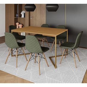 Mesa Industrial Retangular Canela Base V Dourada 137x90cm C/ 6 Cadeiras Madeira Estofadas Verdes