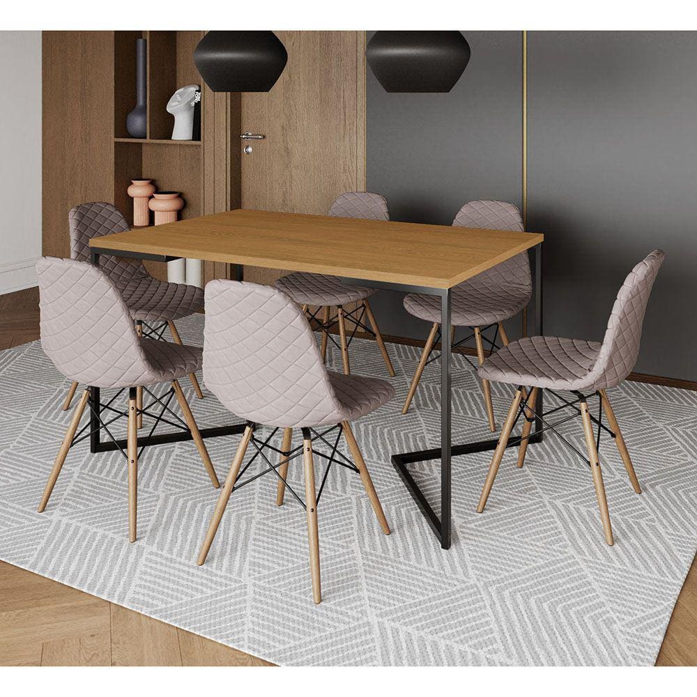 Mesa Industrial Retangular Base V Aço Preto 137x90cm Canela 6 Cadeiras Madeira Estofadas Nude Médio