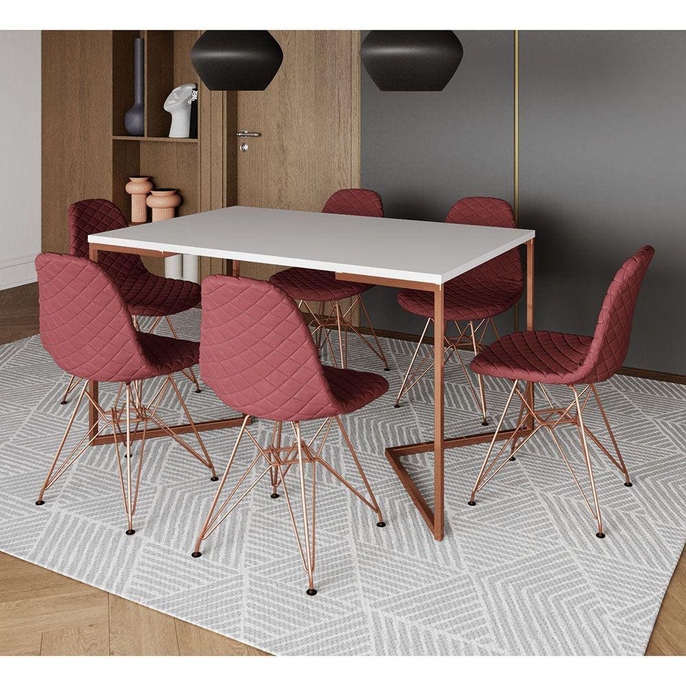 Mesa Industrial Retangular Branca Base V Cobre 137x90cm 6 Cadeiras Estofadas Vermelhas Eiffel Cobre