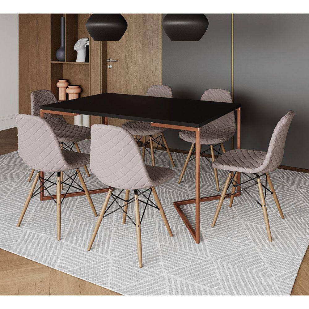 Mesa Industrial Retangular Preta Base V Cobre 137x90cm 6 Cadeiras Estofadas Eames Nude Médio Madeira
