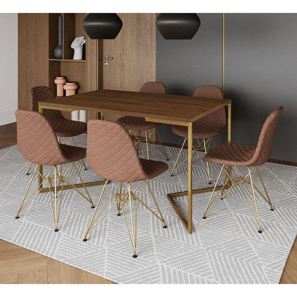 Mesa Industrial Retangular Amêndoa Base V Dourada 137x90cm 6 Cadeiras Dourada Estofadas Caramelo