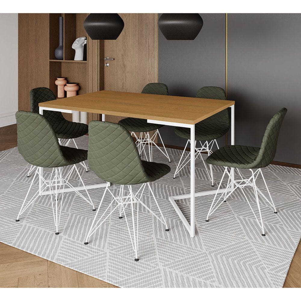 Mesa Industrial Retangular Canela Base V 137x90cm C/ 6 Cadeiras Eiffel Estofadas Verdes Aço Branco