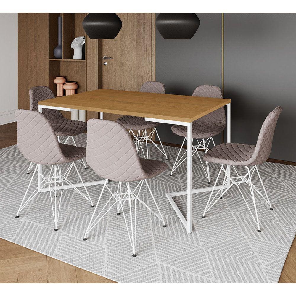 Mesa Industrial Retangular Canela Base V 137x90cm C/ 6 Cadeiras Eiffel Estofadas Nude Médio Aço Bran