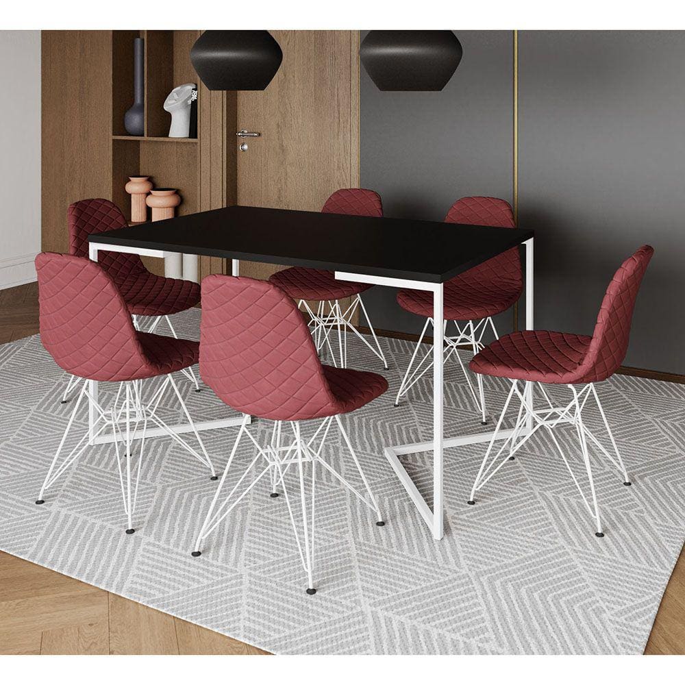 Mesa Industrial Retangular Preta Base V 137x90cm C/ 6 Cadeiras Estofadas Vermelhas Eiffel Aço Branco
