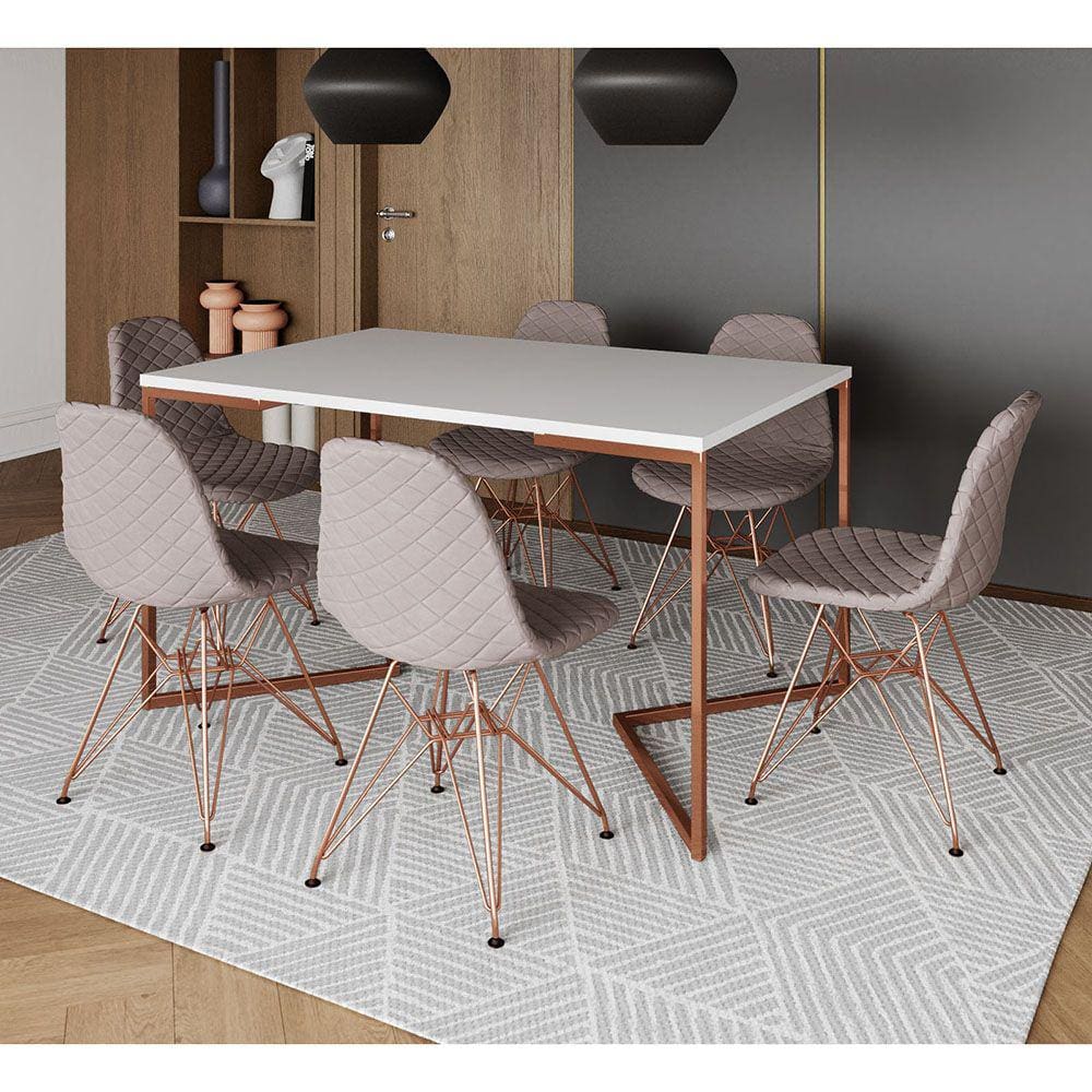 Mesa Industrial Retangular Branca Base V Cobre 137x90cm 6 Cadeiras Estofadas Nude Médio Eiffel Cobre