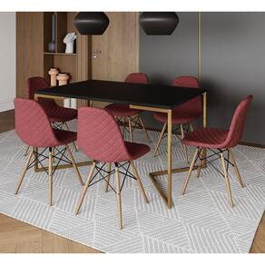 Mesa Industrial Retangular Preta Base V Dourada 137x90cm com 6 Cadeiras Estofadas Vermelhas Madeira