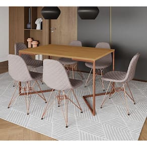 Mesa Industrial Retangular Canela Base V Cobre 137x90cm C/ 6 Cadeiras Estofadas Nude Médio Cobre