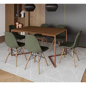 Mesa Industrial Retangular Amêndoa Base V Cobre 137x90cm com 6 Cadeiras Madeira Estofadas Verdes