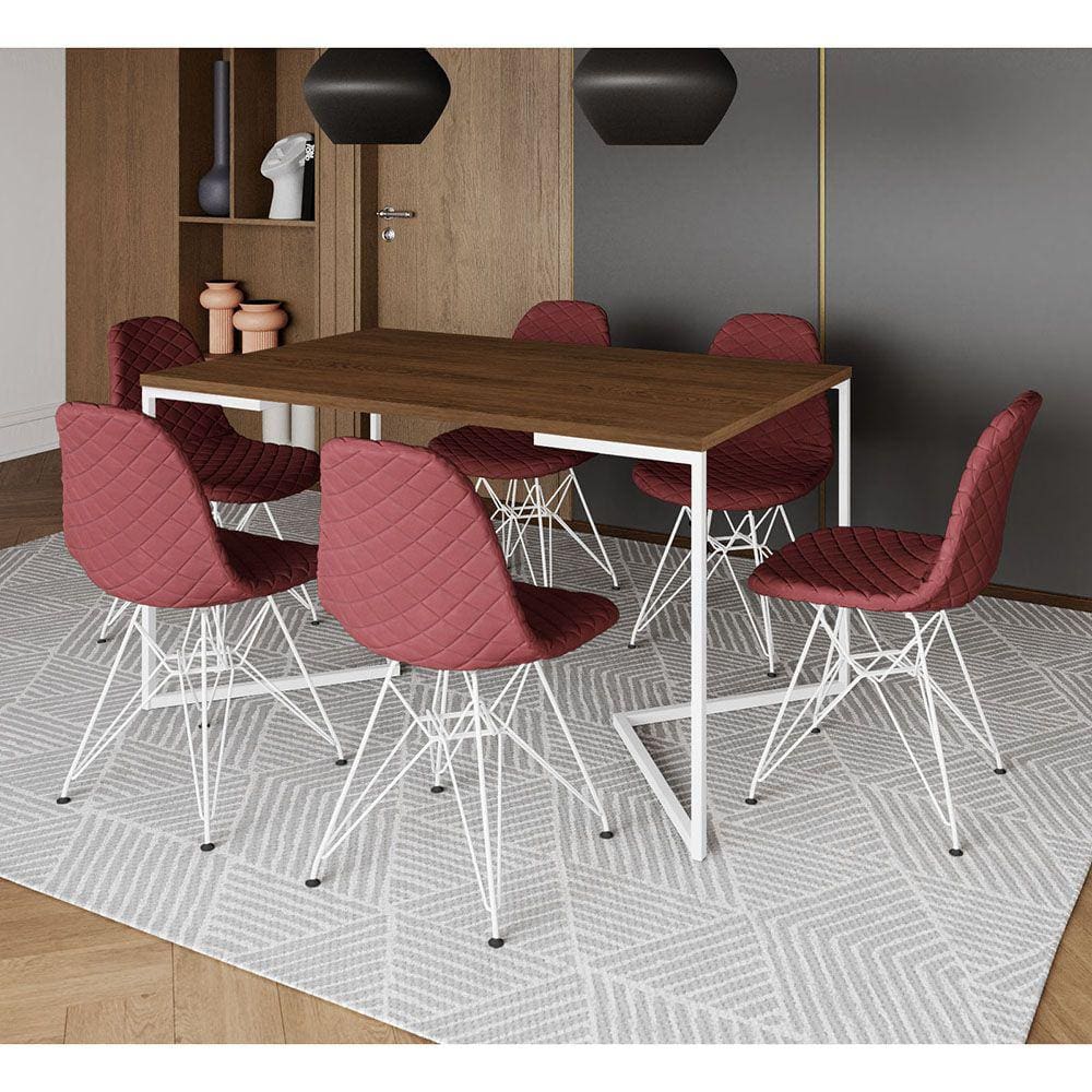 Mesa Industrial Retangular Amêndoa Base V 137x90cm 6 Cadeiras Estofadas Eames Vermelhas Aço Branco