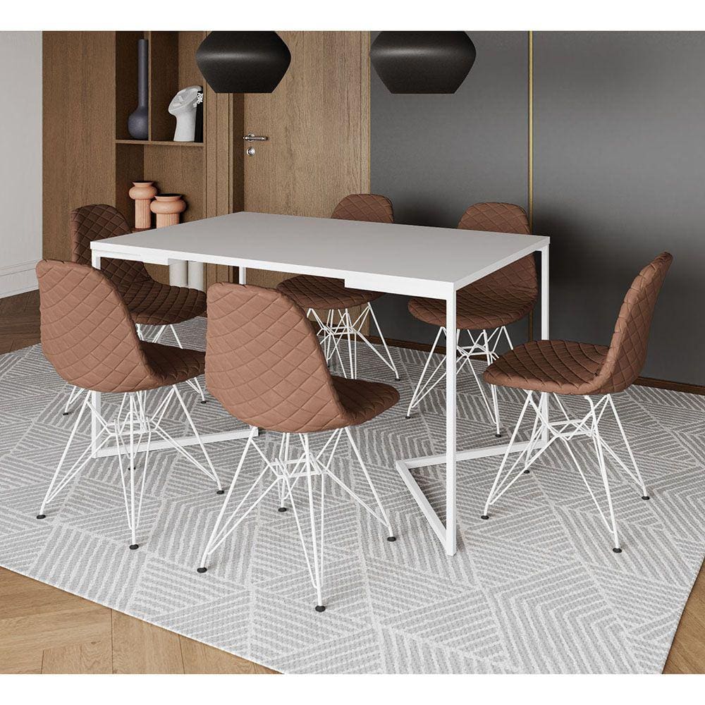 Mesa Industrial Retangular Branca Base V 137x90cm C/ 6 Cadeiras Estofadas Caramelo Eiffel Aço Branco