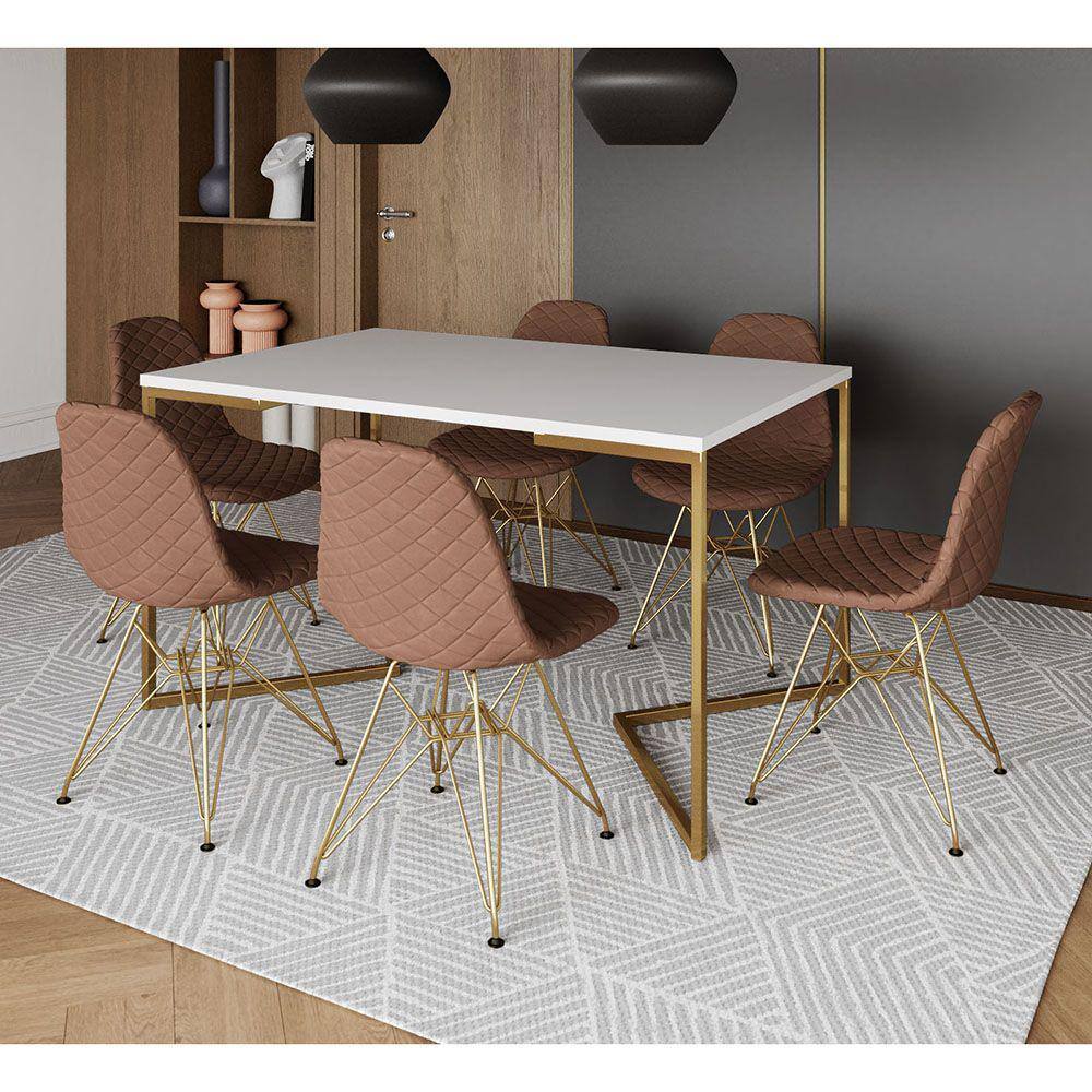 Mesa Industrial Retangular Branca Base V Dourada 137x90cm 6 Cadeiras Estofadas Caramelo Dourada