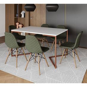 Mesa Industrial Retangular Branca Base V Cobre 137x90cm com 6 Cadeiras Madeira Estofadas Verdes
