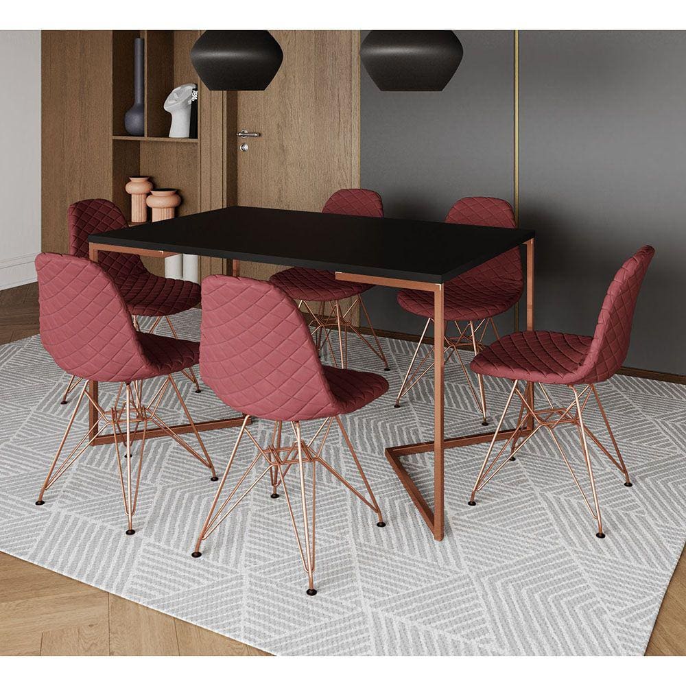 Mesa Industrial Retangular Preta Base V Cobre 137x90cm C/ 6 Cadeiras Estofadas Vermelhas Eames Cobre
