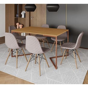 Mesa Industrial Retangular Canela Base V Cobre 137x90cm com 6 Cadeiras Madeira Estofadas Nude Médio