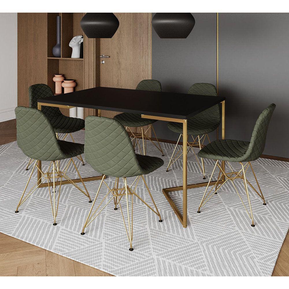 Mesa Industrial Retangular Preta Base V Dourada 137x90cm 6 Cadeiras Estofadas Verdes Dourada