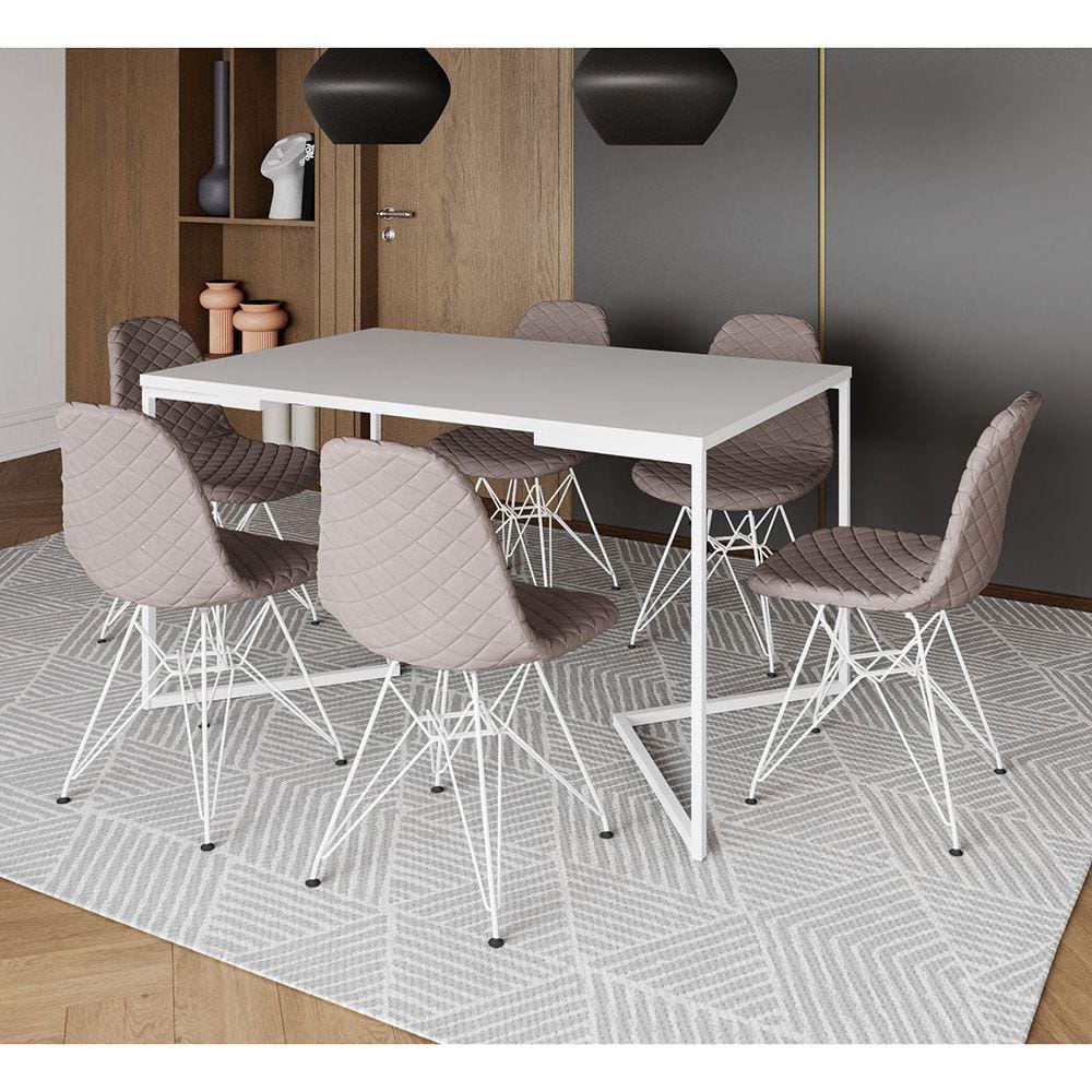 Mesa Industrial Retangular Branca Base V 137x90cm C/ 6 Cadeiras Estofadas Nude Médio Eiffel Aço Bran