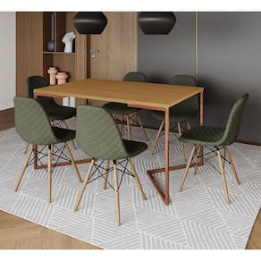 Mesa Industrial Retangular Canela Base V Cobre 137x90cm com 6 Cadeiras Madeira Estofadas Verdes
