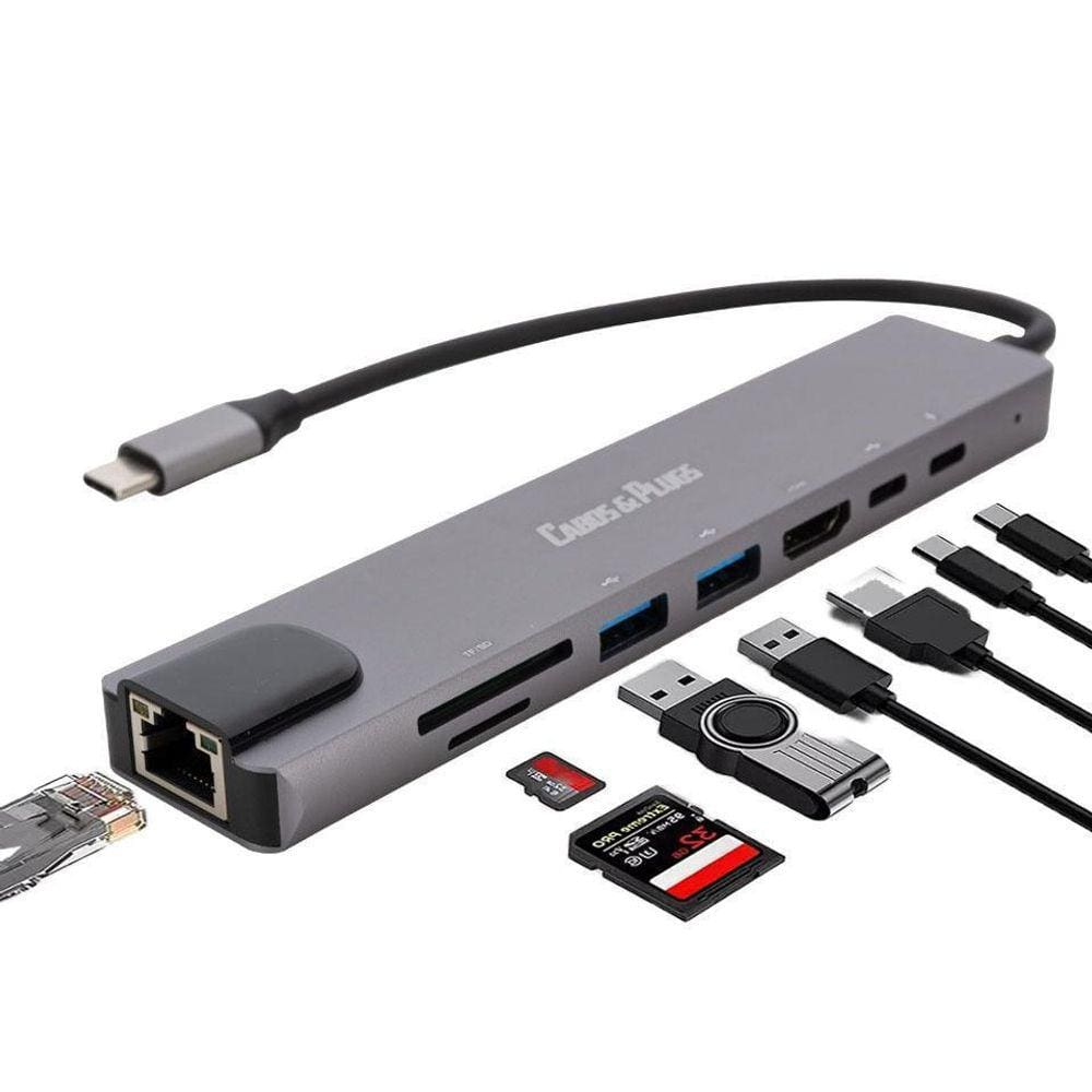 Hub Usb C Type C 8 Portas 4K Carregador 2 Usb-C 3.0 Rj45 Lan