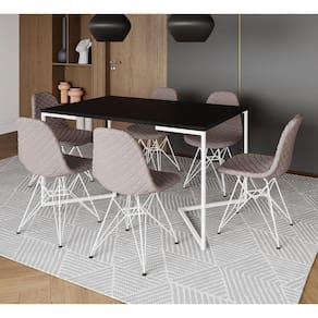 Mesa Industrial Retangular Preta Base V 137x90cm C/ 6 Cadeiras Estofadas Nude Médio Eiffel Aço Branc