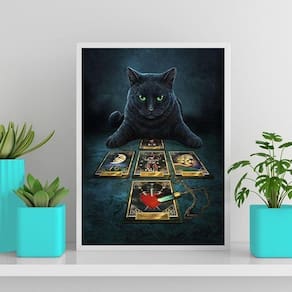 Quadro Gato Preto Com Tarot 33X24Cm - Com Vidro Branca