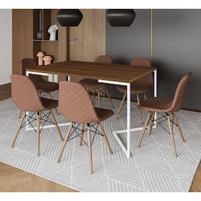 Mesa Industrial Retangular Amêndoa Base V Aço Branco 137x90cm 6 Cadeiras Madeira Estofadas Caramelo